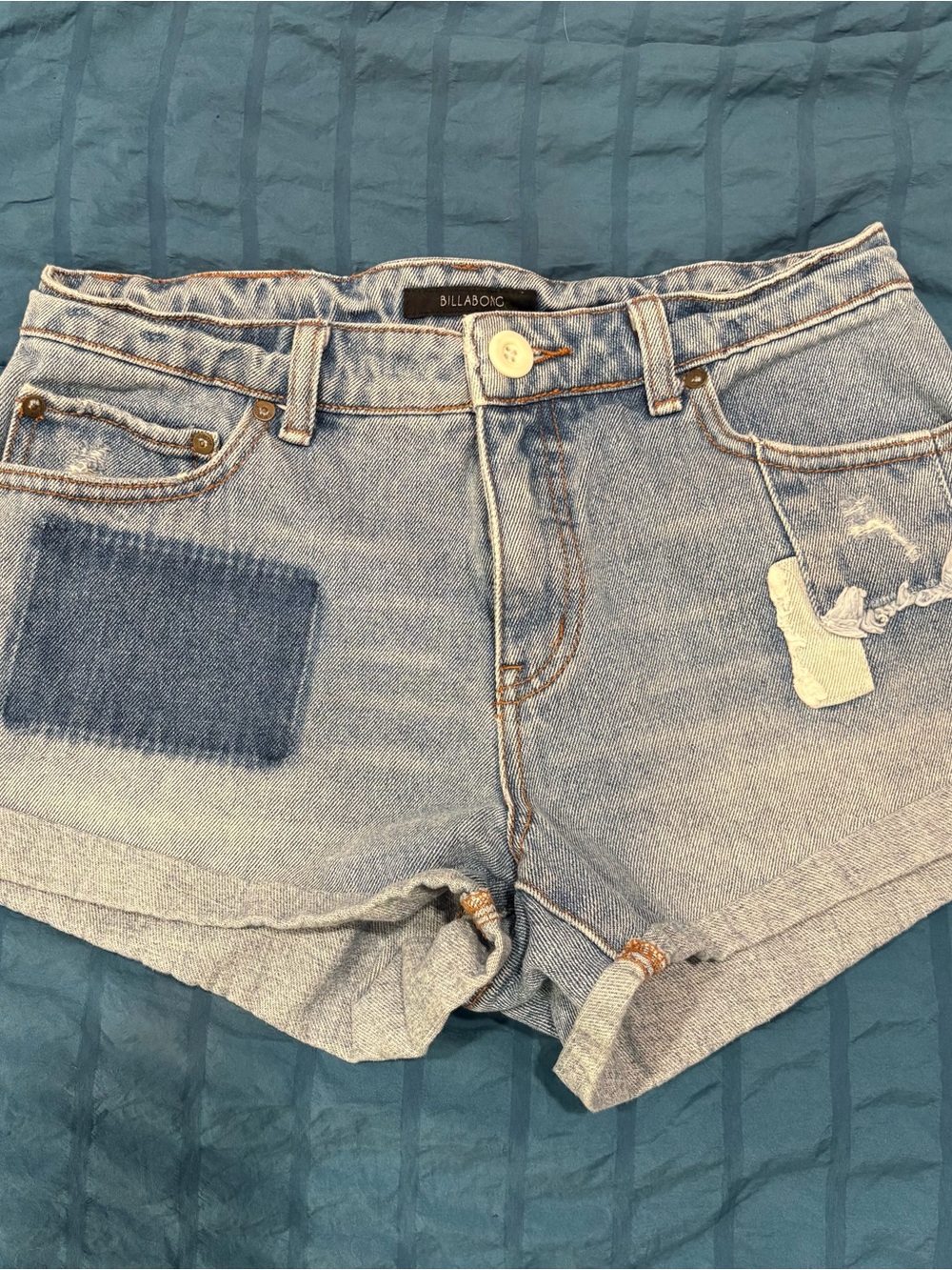 Billabong Faded Light Blue Denim Patchwork Shorts - Women